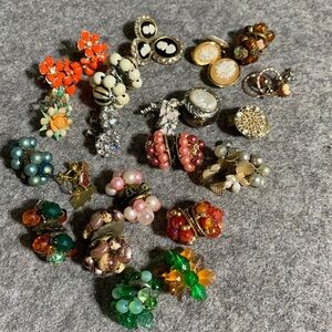 21 vintage pairs of clip on and screw backs earrings